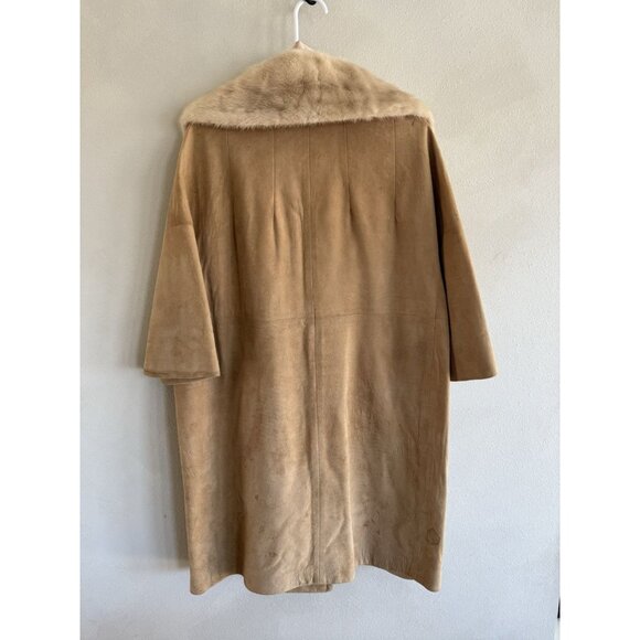 Vintage 70’s Suede Leather Coat Mink Collar XL Chocolate Beige Tan Button Up - Picture 11 of 15